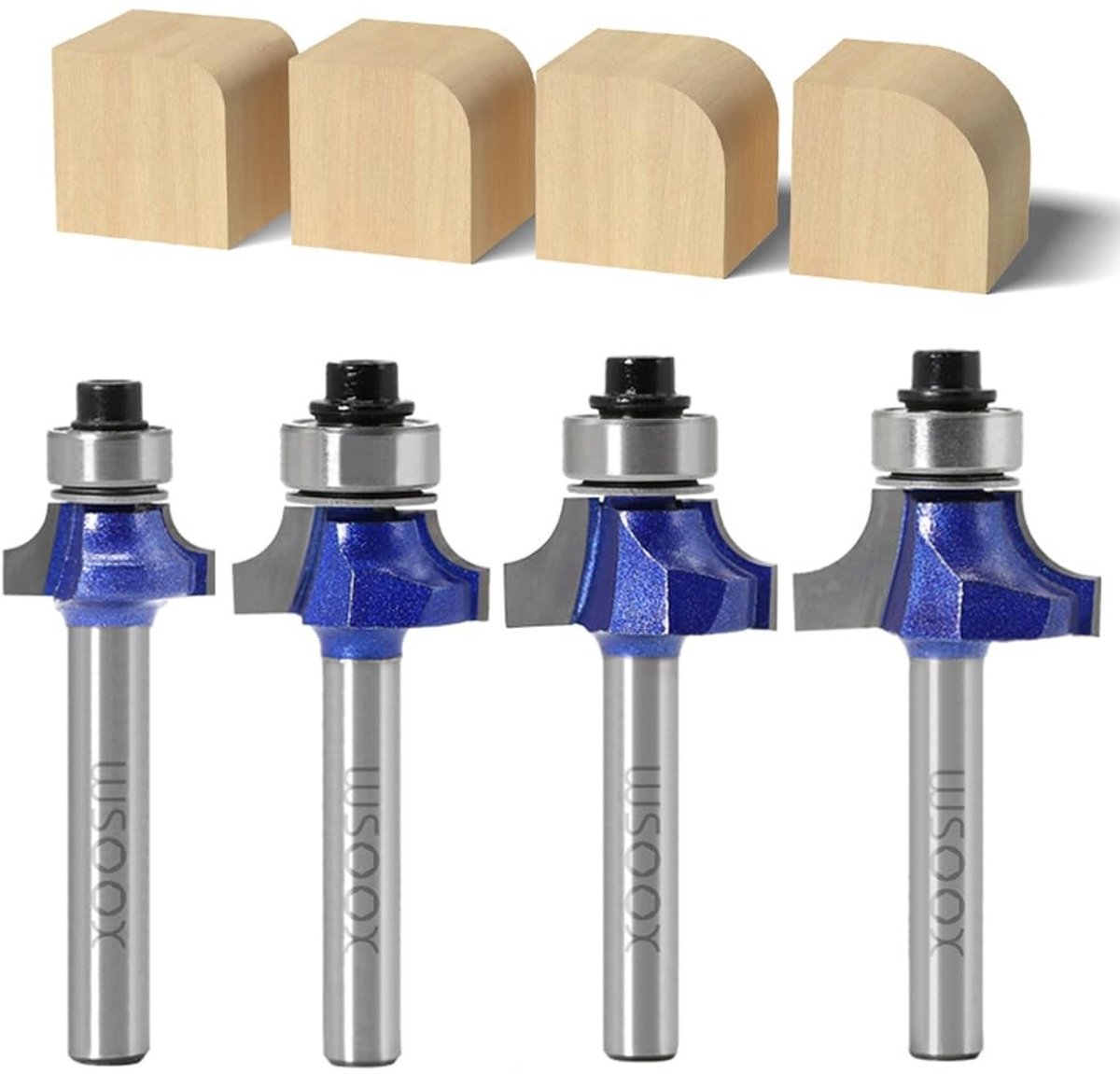 Set van 4 Stukken Ronde Overlooprand Freesbits met 6mm Shank, Hoekafronder en Freesgereedschap voor Houtbewerking