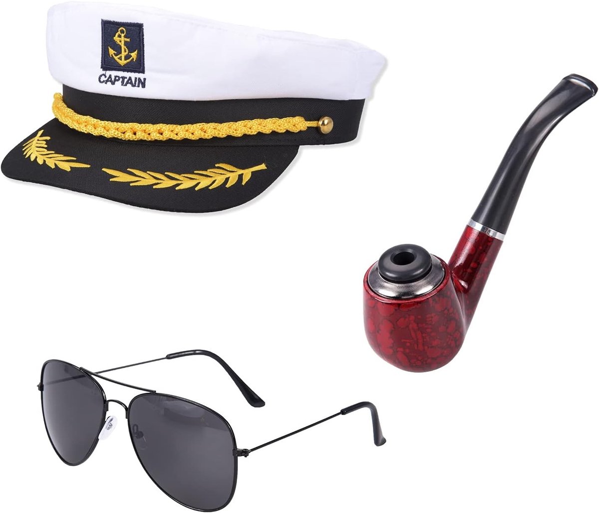 Piratenkostuum Accessoires Set met Kapiteinspet, Houten Pijp en Zonnebril voor Avontuurlijke Feestjes