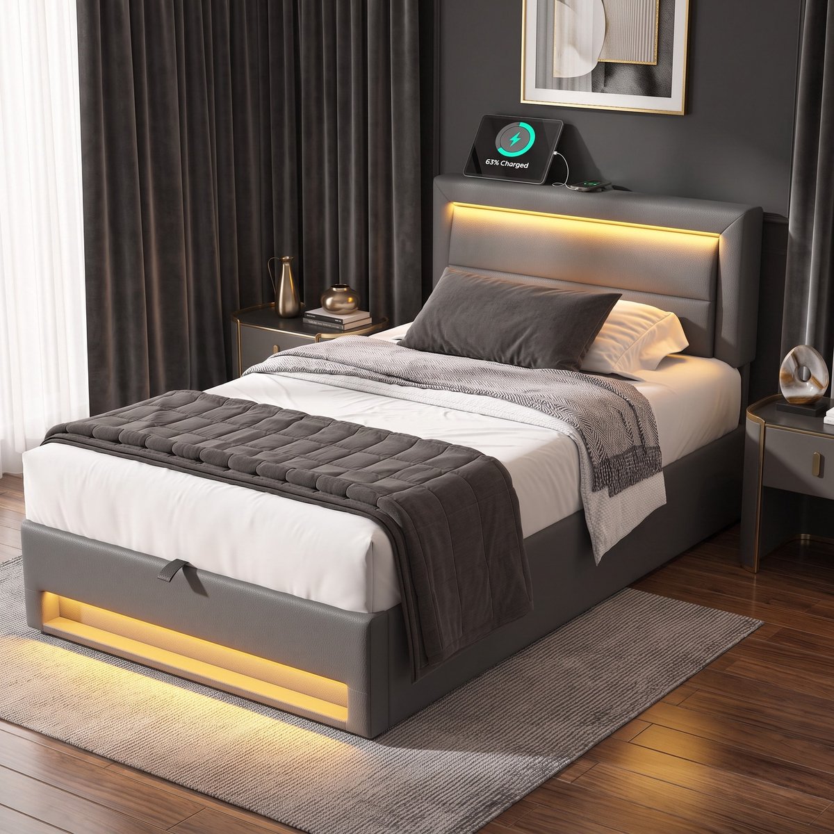 COVREO Gestoffeerd bed met USB-aansluiting – LED-verlichting – bedframe met opbergruimte – 90x190 cm – PU grijs - zonder matras