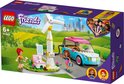 LEGO Friends doos met een auto, windmolen, zonnepanelen, stoel, poppen en hondje. Olivia en Mia zijn afgebeeld.