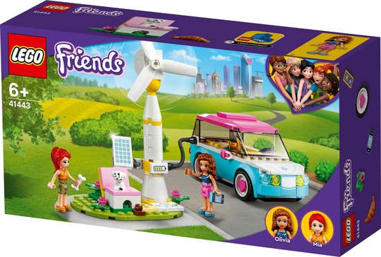 LEGO Friends doos met een auto, windmolen, zonnepanelen, stoel, poppen en hondje. Olivia en Mia zijn afgebeeld.