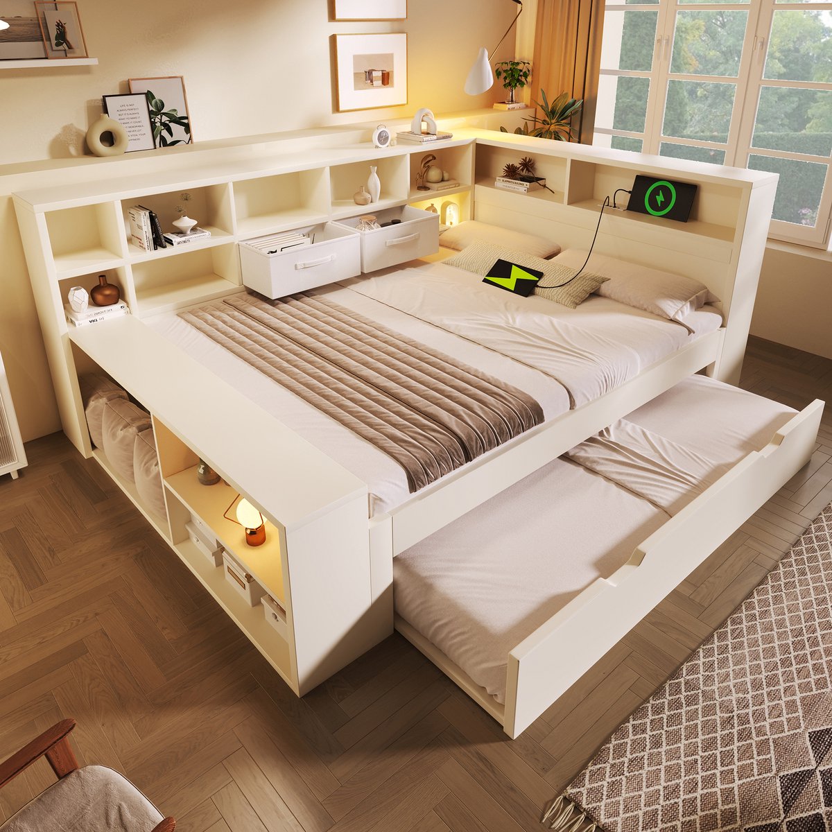 Clruro Opbergbed - 140x200 cm - met Uitschuifbed - 8 Vakken en USB-C - Grenenhout - Wit