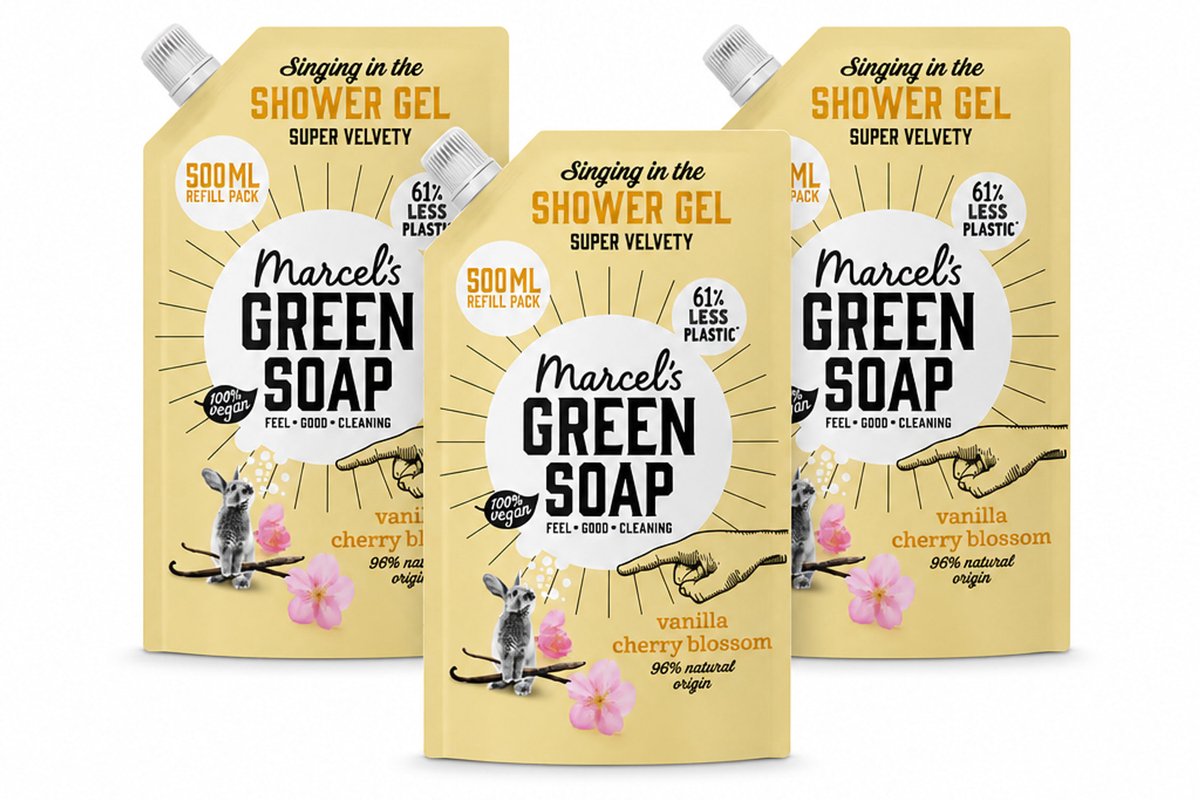 3 x Marcel's Green Soap - Shower Gel - Navulling - Vanille & Kersenbloesem - Krachtige werking - 500 ml - Voordeelverpakking - 3 stuks