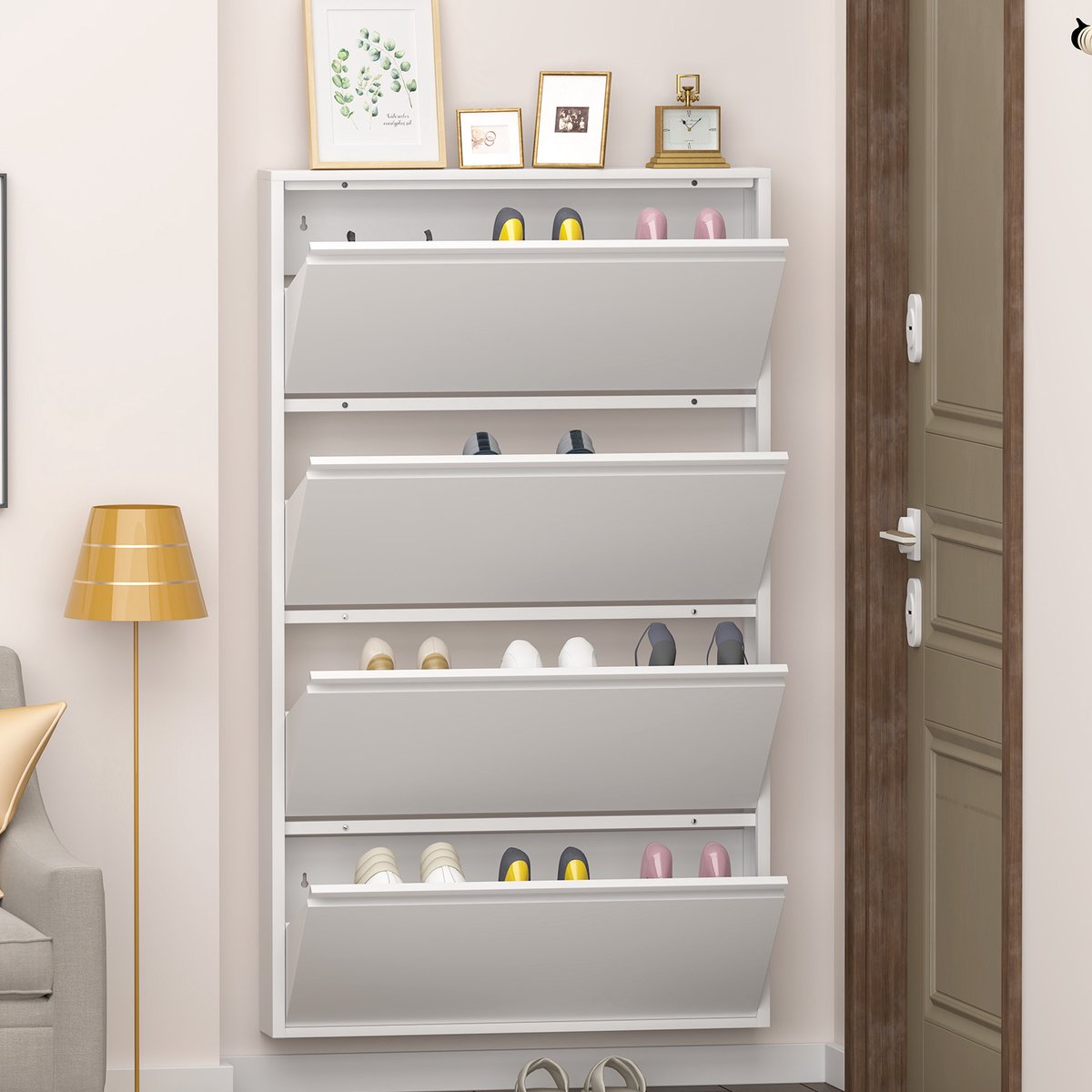 STILVORA Schoenenkast - Wandgemonteerd Met 4 Klepvakken - Smal Ontwerp Voor Hal En Entree - Metaal - 80x15x145 Cm - Wit