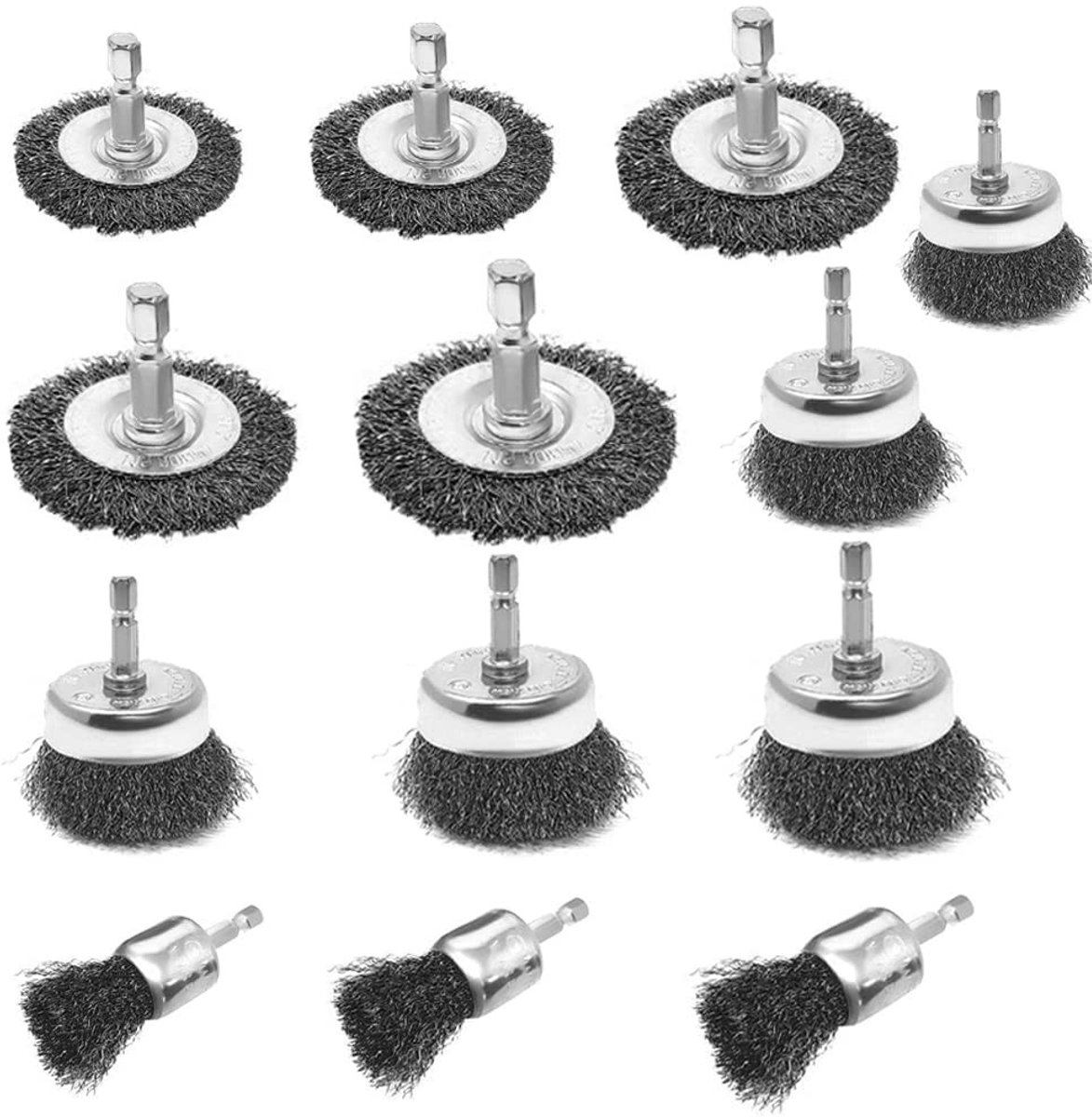 Set van 13 Draadborstels voor Boormachine, Geschikt voor Polijsten en Verwijderen van Roest, 6 mm Ronde Schacht van Gecrimpte Staaldraden