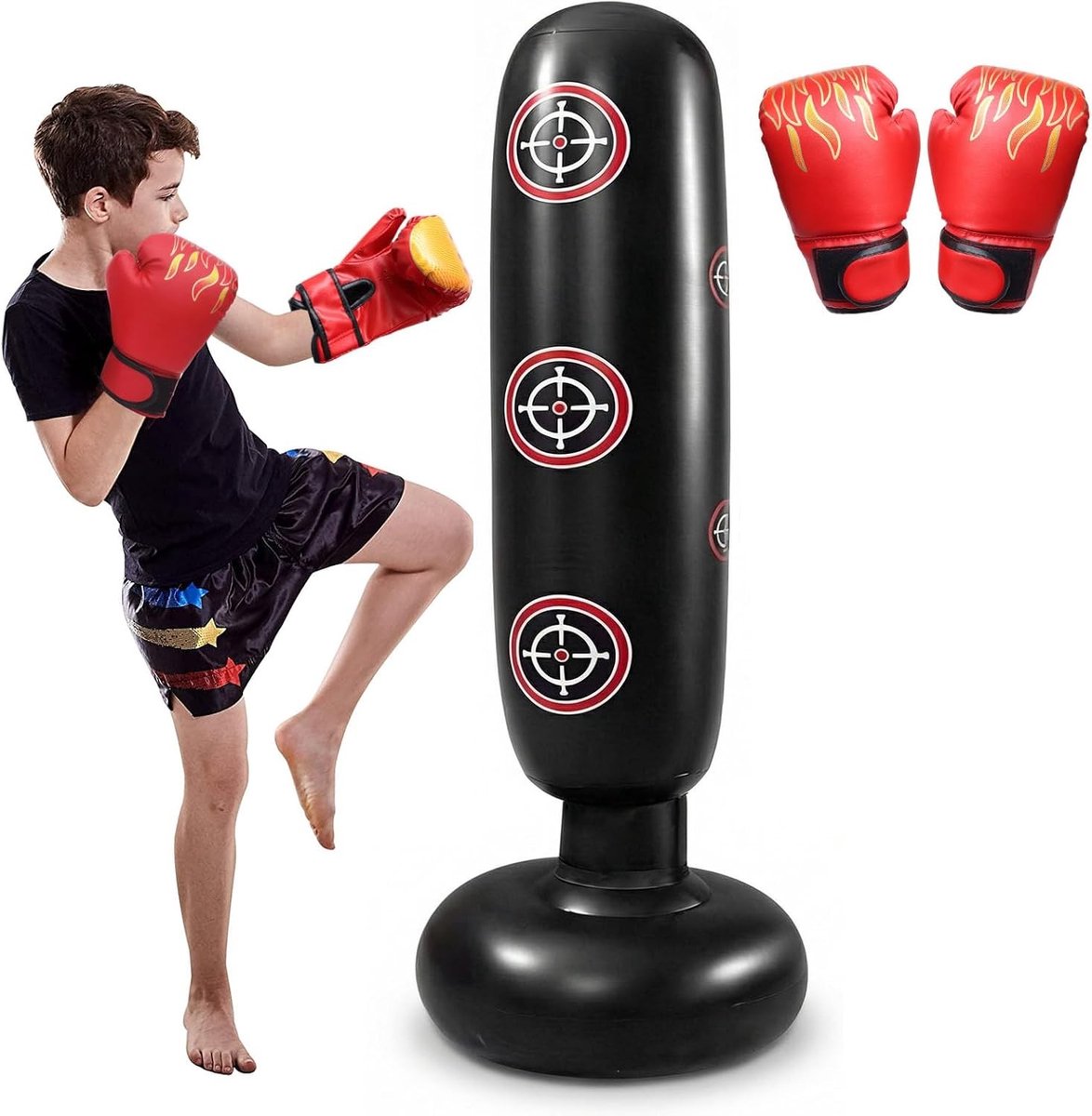 Opblaasbare bokszak voor kinderen van 160 cm, inclusief bokshandschoenen, ideaal voor boksen, karate en taekwondo, zacht en comfortabel voor veilig trainen