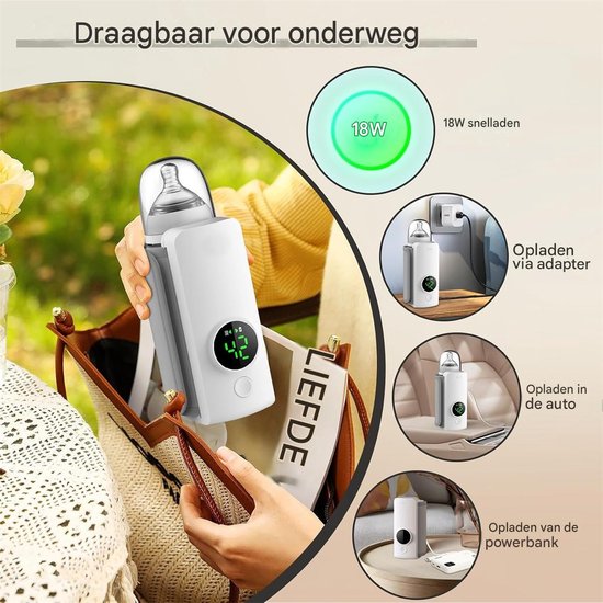 carmdering - Draagbare Flessenwarmer Baby – Draadloos – 2000 mAh – 6 Temperatuurstanden – Waterloos – USB-C — afbeelding 3