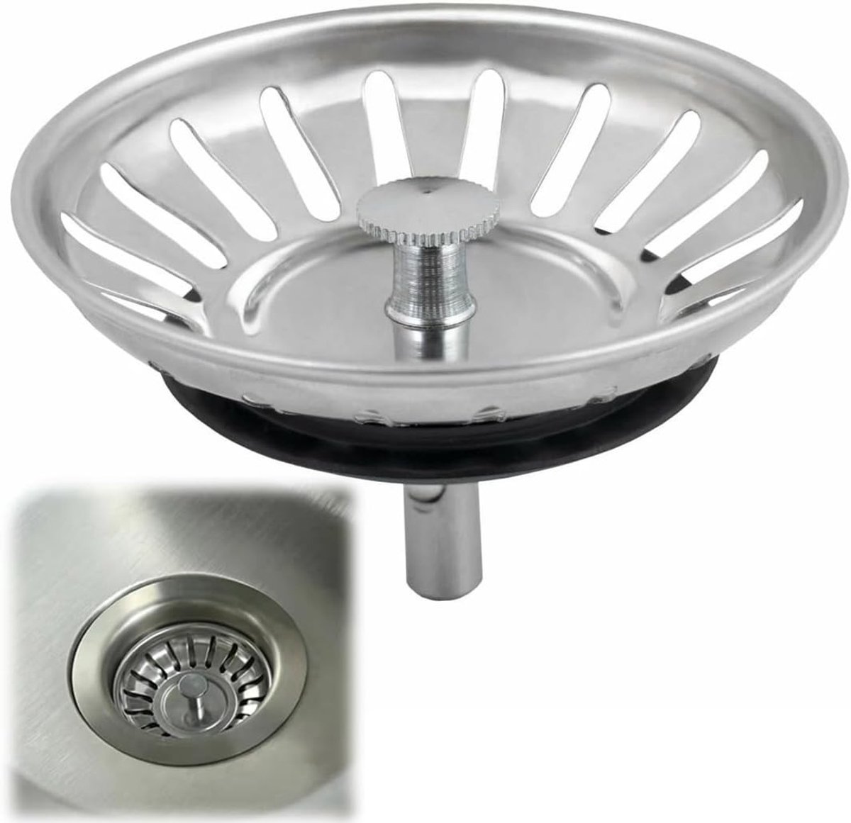 Verstopper voor wastafel, 1 stuk, afvoerfilter van staal, 79 mm, zilver voor 9 cm afvoer, ideaal voor badkamer en keuken