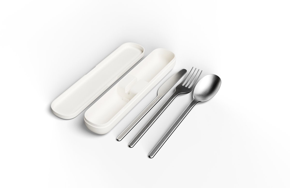 Amuse Nello Bestekset Oat – Premium RVS 18/10 – Herbruikbaar – Vork, Mes & Lepel – Vaatwasserbestendig – Duurzaam Bestek voor Onderweg, Werk & Camping – Beige