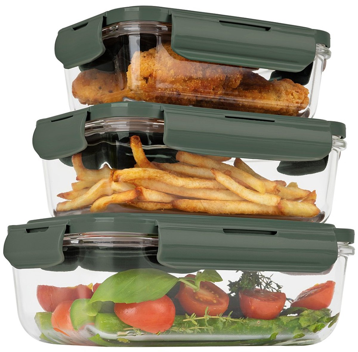 Voedselbewaarbakjes, set van 3 stuks, Matte Green Collection