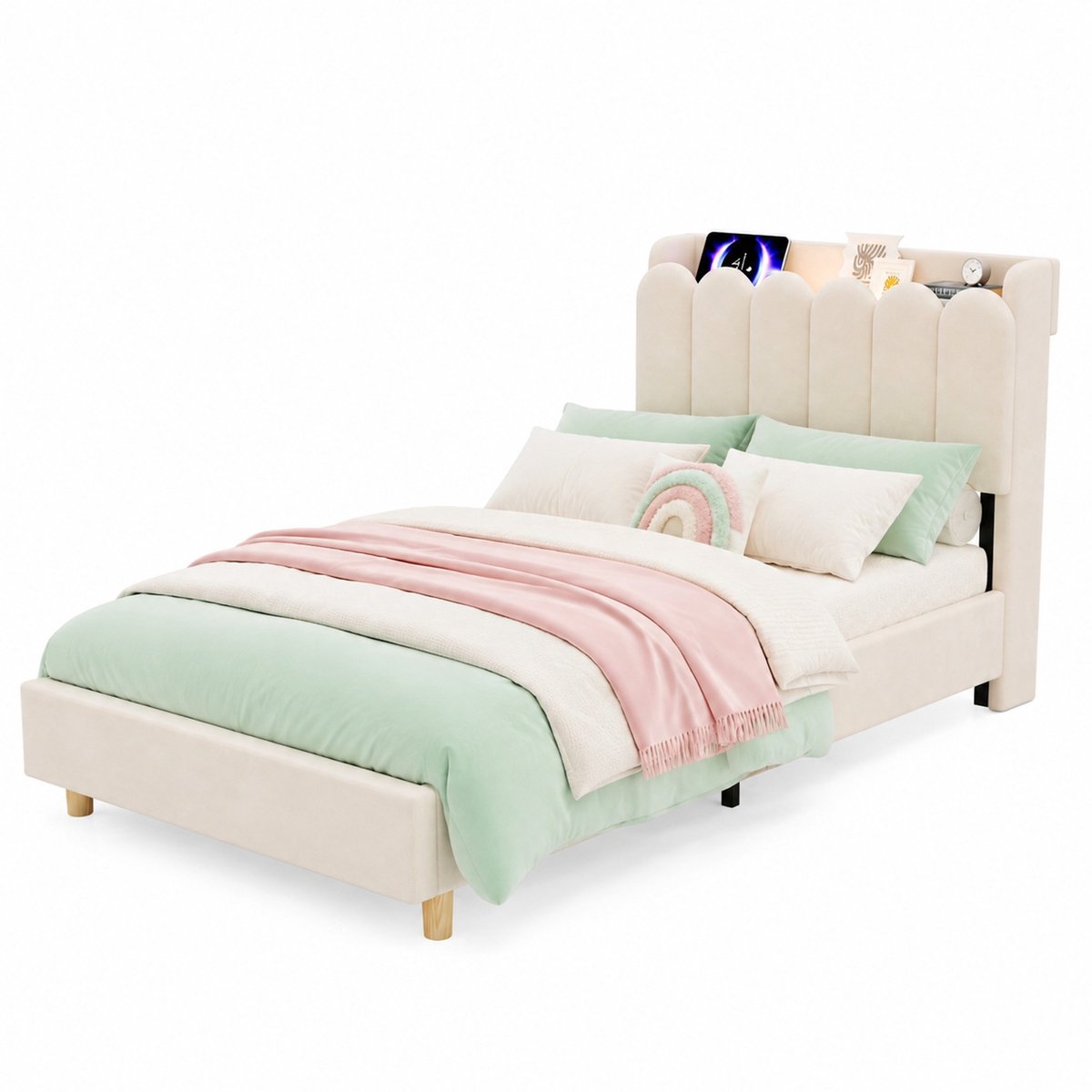 WUVRIE Kinderbed 90x200 cm met lattenbodem, hoofdbord met opbergruimte, USB en leeslamp, beige