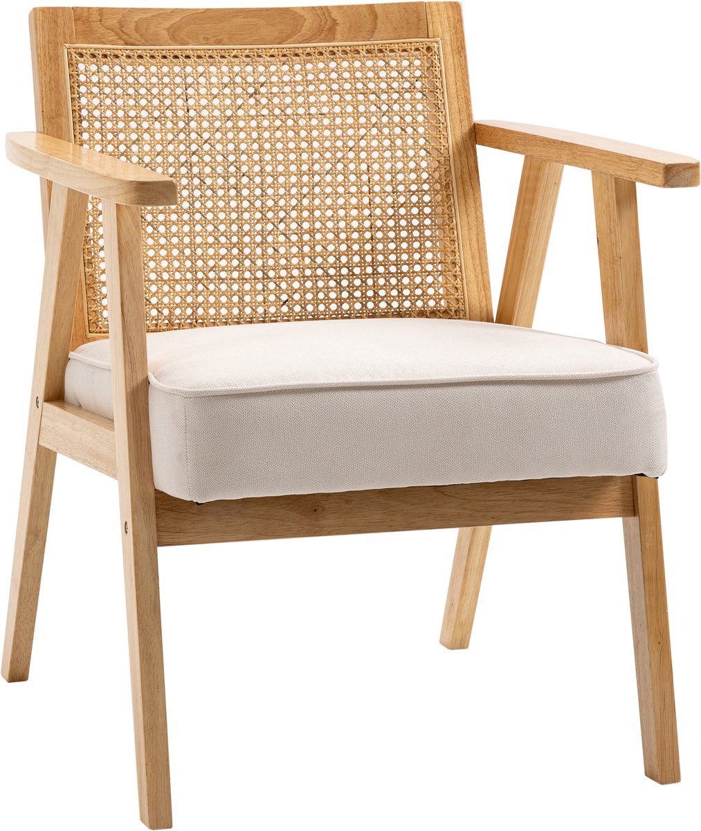 Homcom Loungefauteuil van Rubberhout - Leesstoel, relaxstoel, armstoel - Crèmewit Cremeweiß