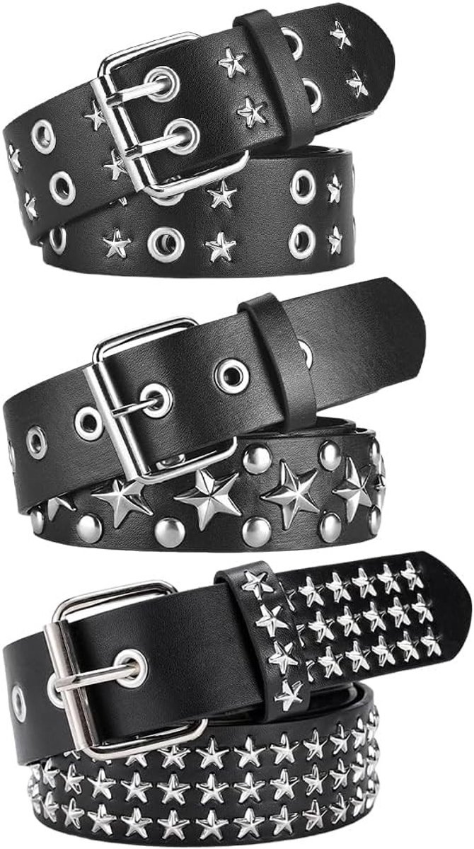 Zwarte Y2K riemen van PU-leer met sterren klinknagels voor jeans in gothic punk stijl, dubbele oogjes en metalen piramide klinknagels, geschikt voor 32-33 cm brede taille
