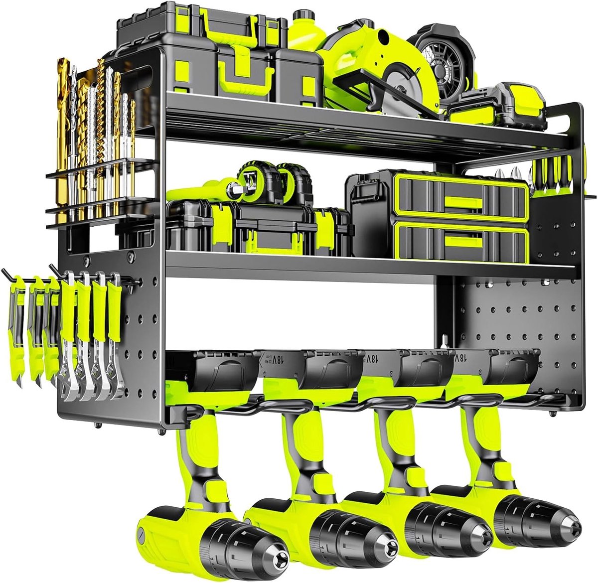 Gereedschapsorganizer Wandhouder - Zwart - 3 Lagen - Stalen Heavy Duty Constructie - Voor Garage en Werkplaats