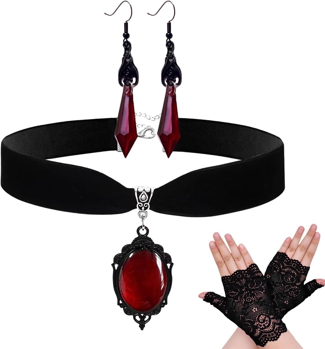 Vampierkostuum accessoires set voor vrouwen - zwarte fluwelen choker, rode edelsteen oorbellen en kant vingerloze handschoenen, 3 stuks voor een spookachtige look