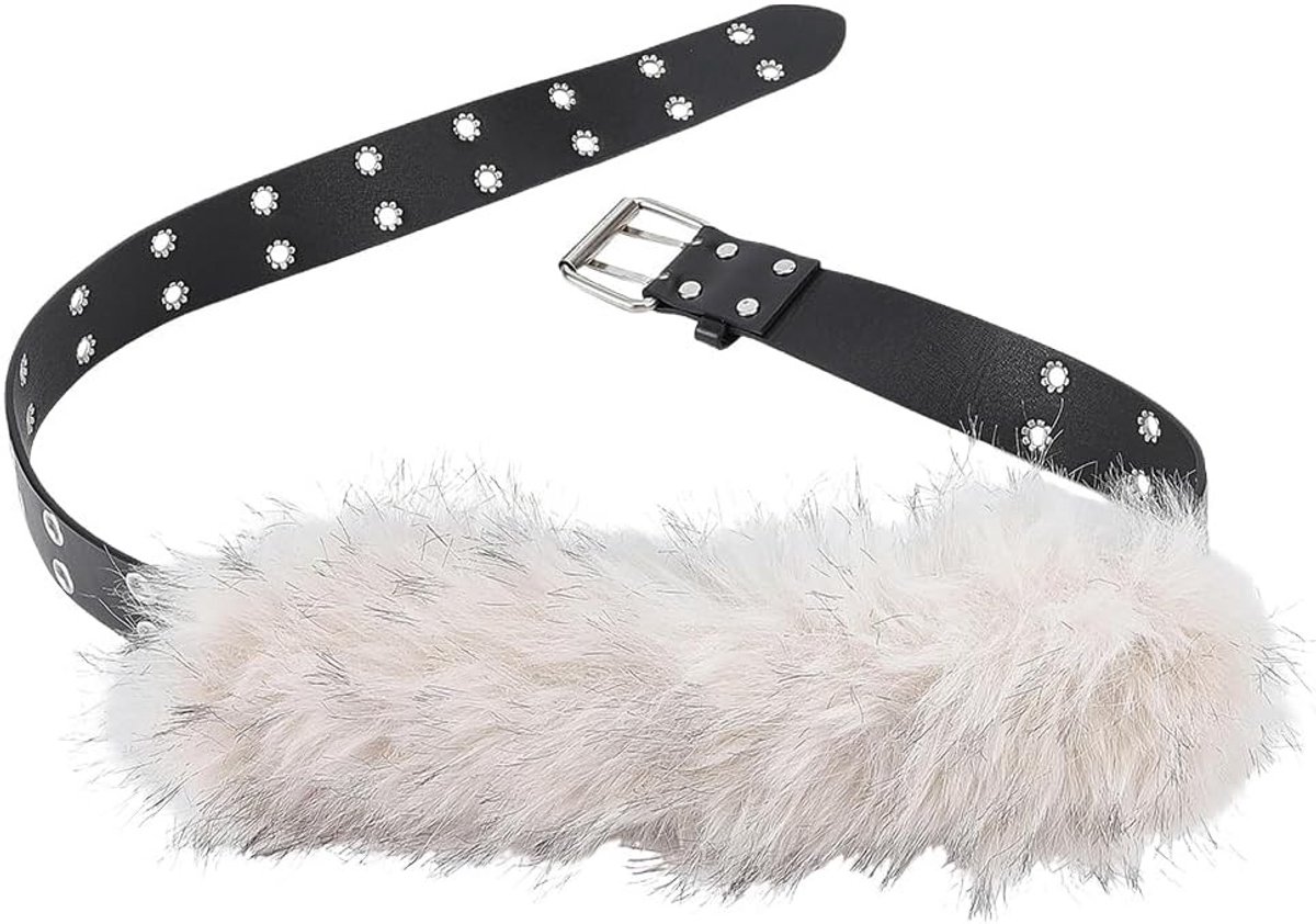 Verstelbare tailleriem van nep-bont voor vrouwen - Harige PU-lederen cinch riem voor Halloween, Viking kostuums en vintage punk outfits (wit)