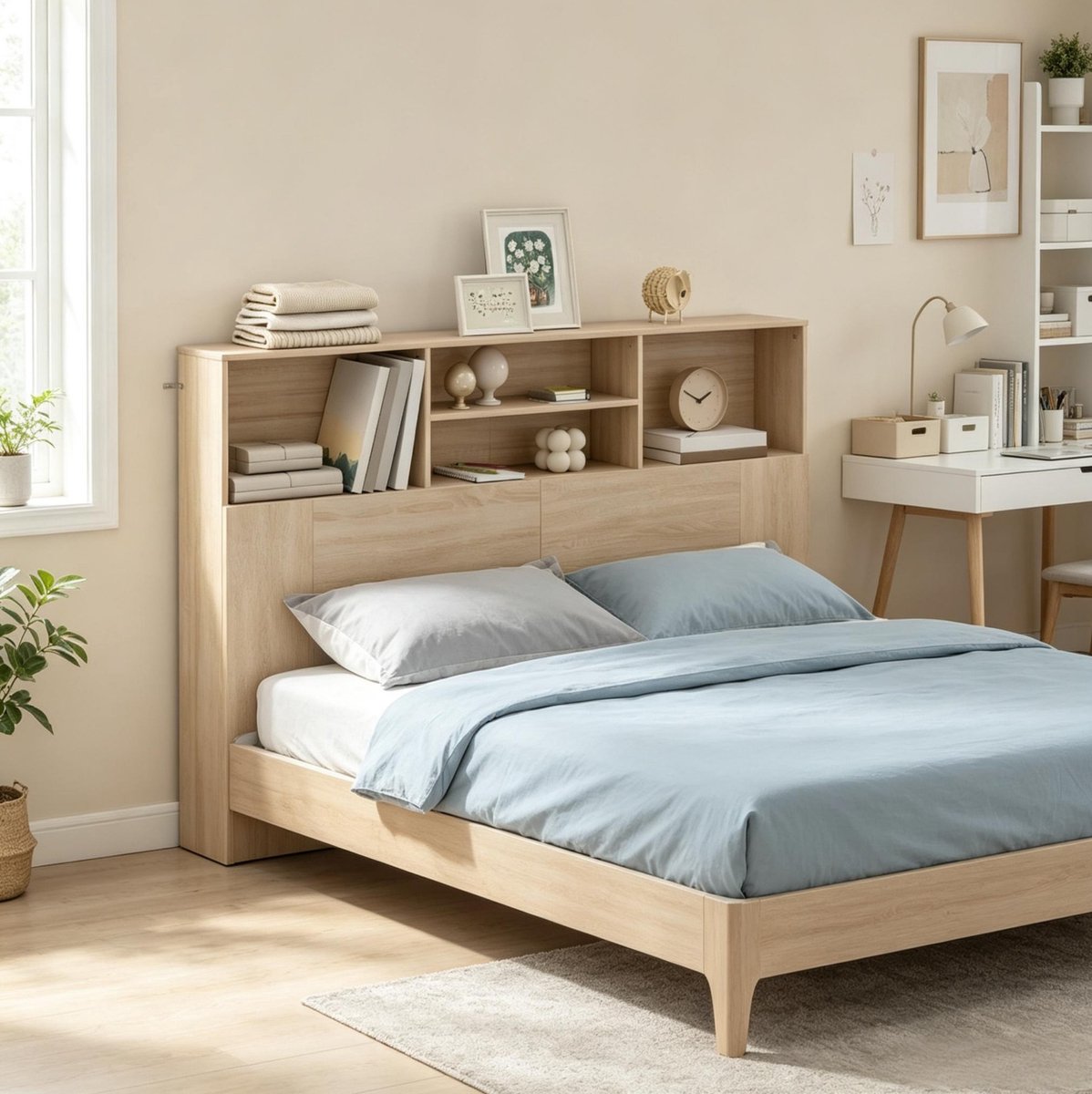 MIVRAY Hoofdbord Met 4 Open Vakken En Opbergruimte – 140 Cm – Vezelplaat En MDF – Naturel Houtkleur – Voor Bed 140 Cm – Wandmontage Naturholz