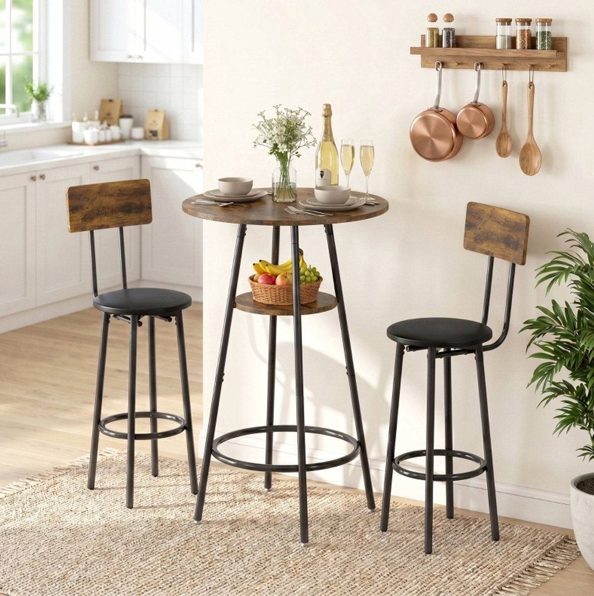 OKWISH Bartafel Set - Industrieel Design - Met 2 Barkrukken En Opbergrek - Voor Keuken En Kleine Ruimtes - Metaal En Hout - Rustiek Bruin - 68 Cm