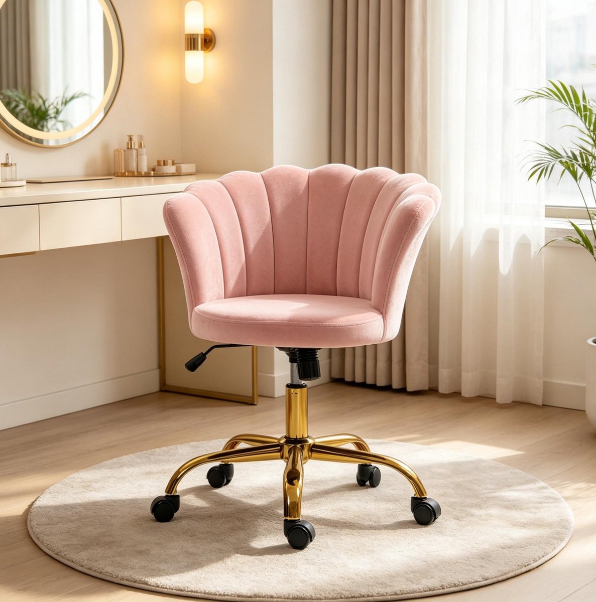 REDOM - Bureaustoel - Bloemvormige rugleuning - Draaibaar - Met wielen - Zonder armleuningen - Velvet - Roze - 69 x 64 x 80-90 cm