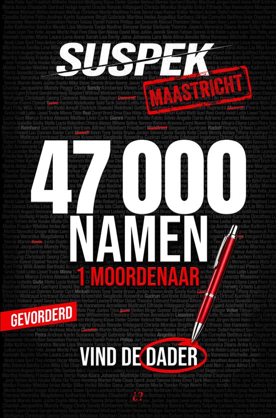 Boekomslag "Suspek - Moord in Maastricht" met "47.000 namen" en "1 Moordenaar".