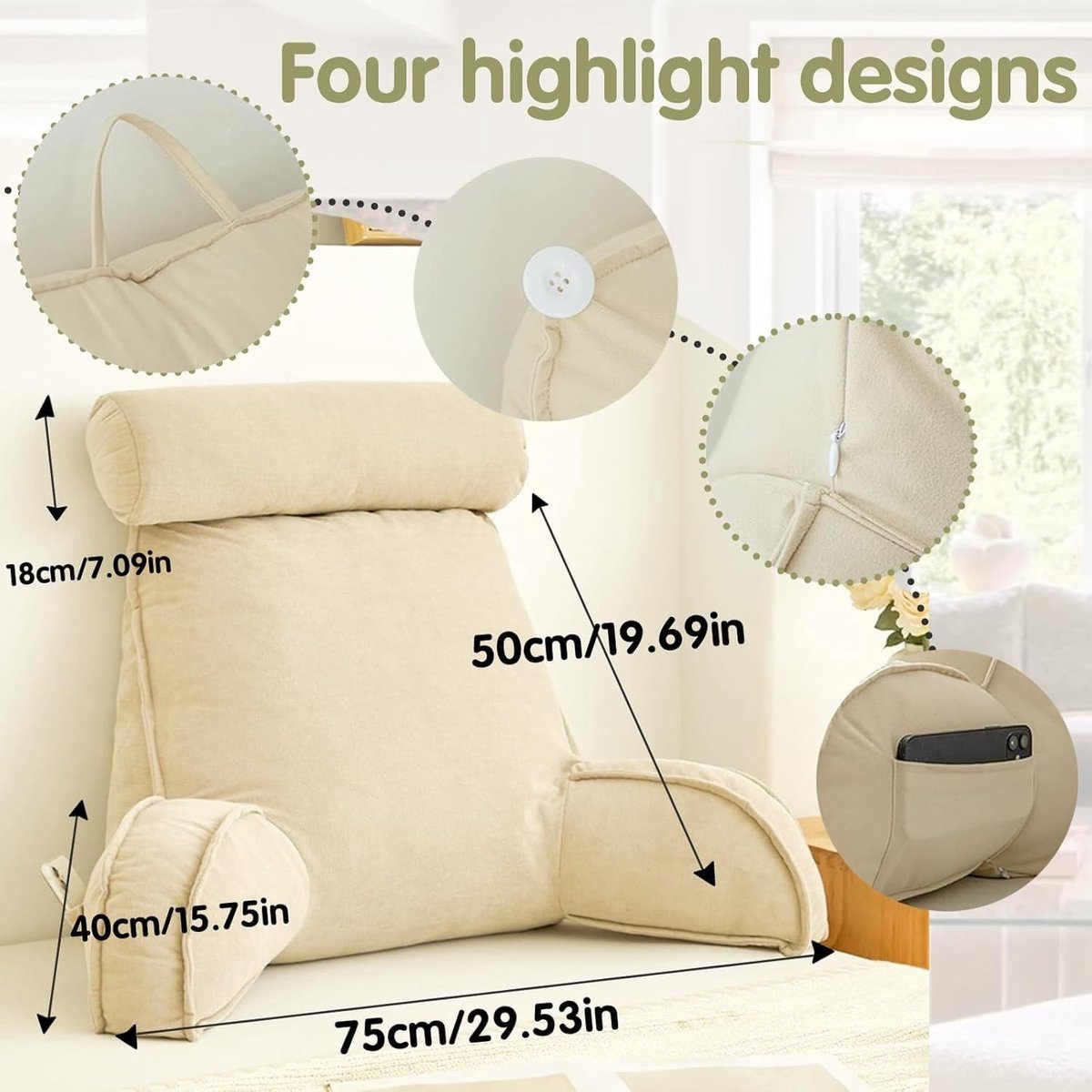Wigkussen bed - Lime groen - 75 x 40 x 50 cm - Leren leeskussen met armleuningen en afneembare nekrol - Voor lezen en ontspannen