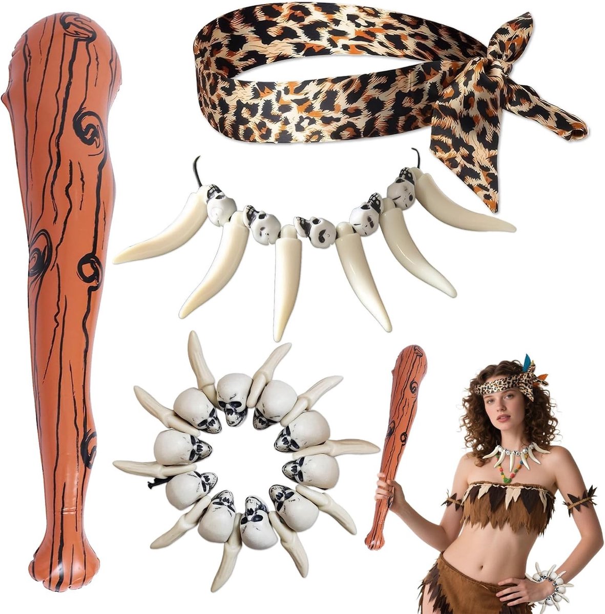 Caveman Kledingaccessoires Set - Inclusief Opblaasbare Wolfshamers, Luipaardprint Hoofdband, Ivoren Schedelketting en Armband - Ideaal voor Feestoutfits en Themapartijen