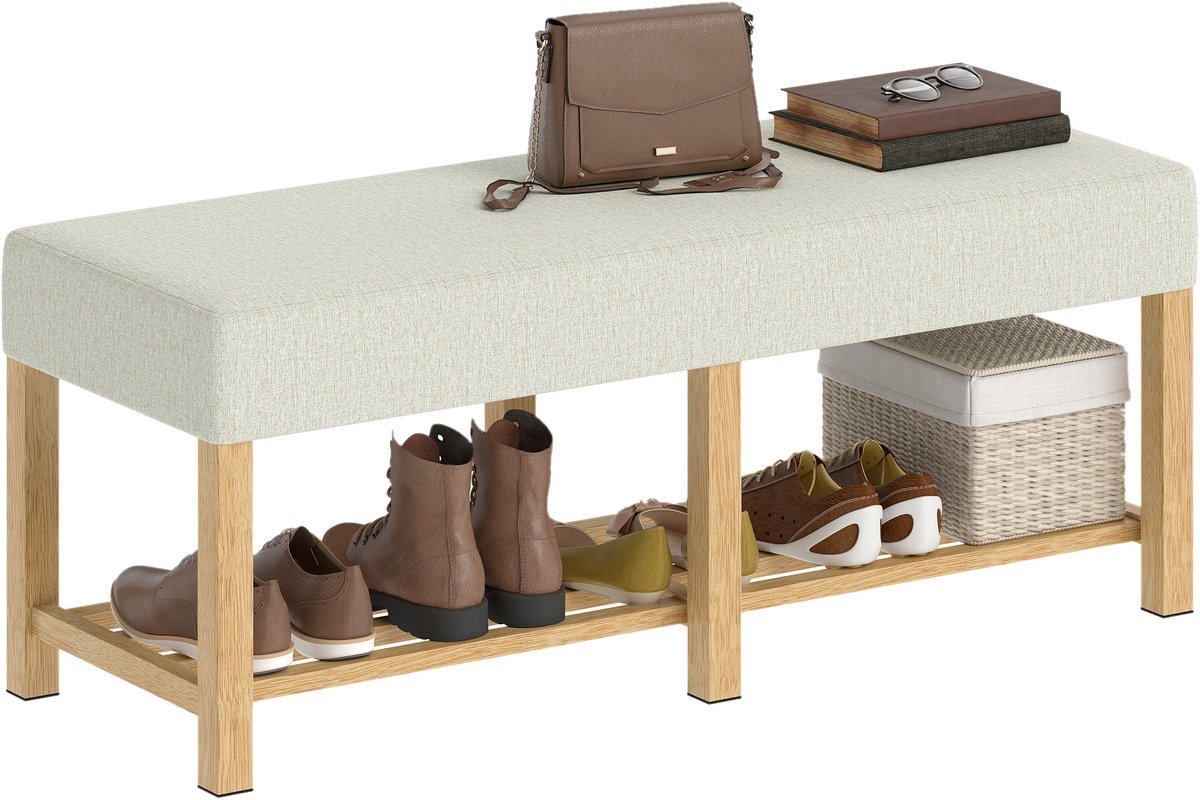 Schoenenbank - opbergbank met gewatteerde zitting - open schap - rubberhout - 120x44x48cm - naturel hout