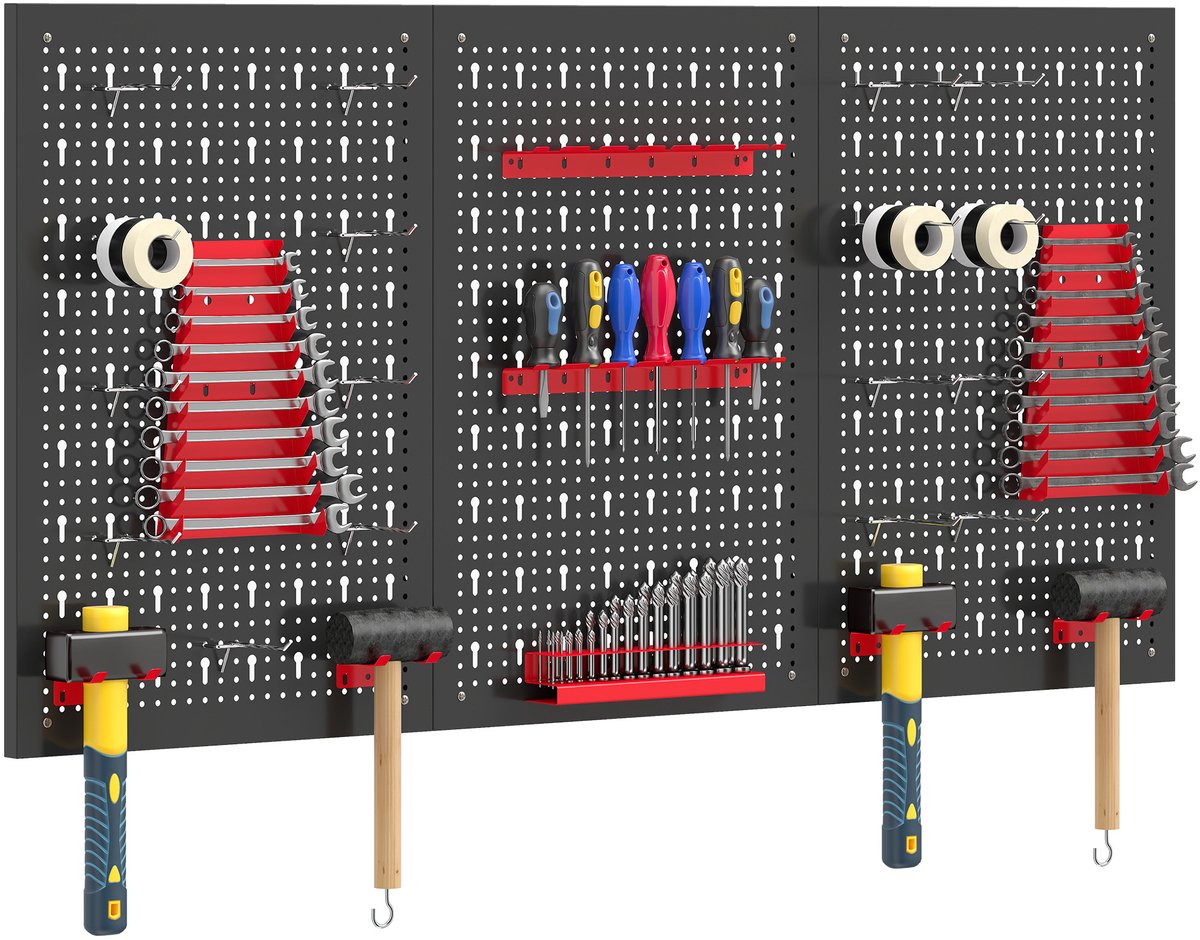 Geperforeerd wandpaneel van 600 x 400 mm - stalen garage - organizer met 3 geperforeerde panelen - zwart en rood