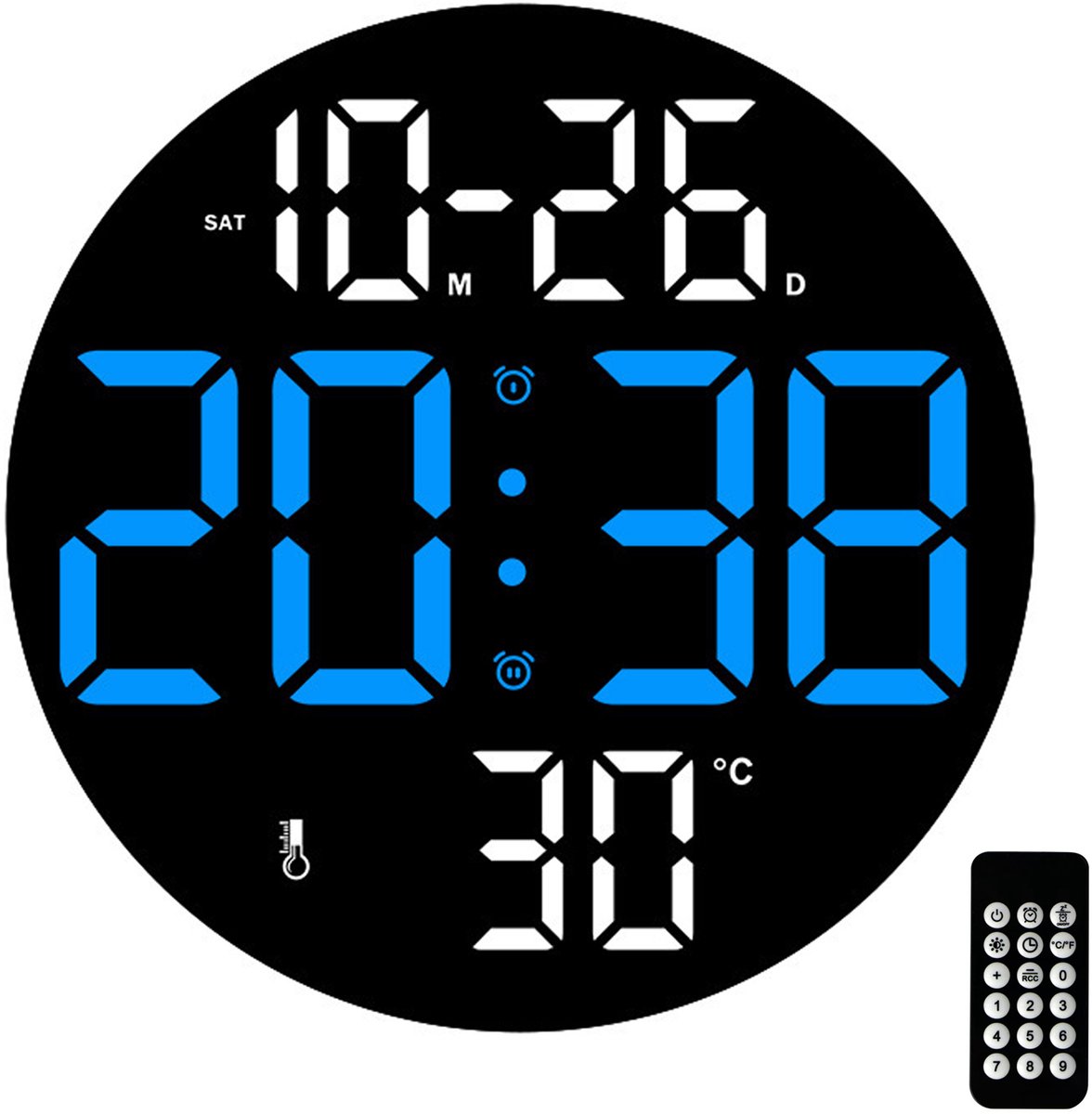 MODFU Digitale Wandklok met Alarm – Groot LED Display, Tijd & Datum, Temperatuurweergave, Stille Werking, USB-voeding, Afstandsbediening, 23x23x3.3 cm, Blauw, voor Slaapkamer & Woonkamer