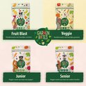 Vier verpakkingen Garden Bites hondensnacks: Fruit Blast, Veggie, Junior en Senior.