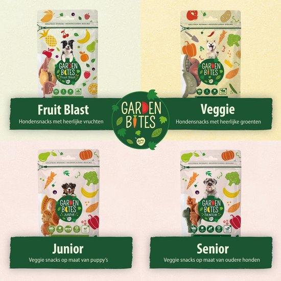 Vier verpakkingen Garden Bites hondensnacks: Fruit Blast, Veggie, Junior en Senior.