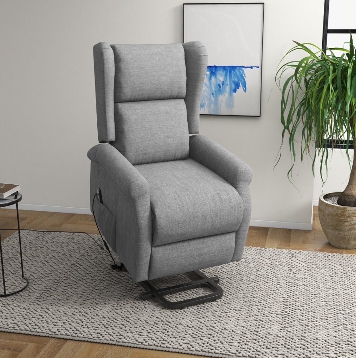 MODFU Sta-Opstoel - Elektrisch Verstelbaar - Ligfunctie - Zijvak - Linnen - Grijs - 74 X 94 X 111 Cm