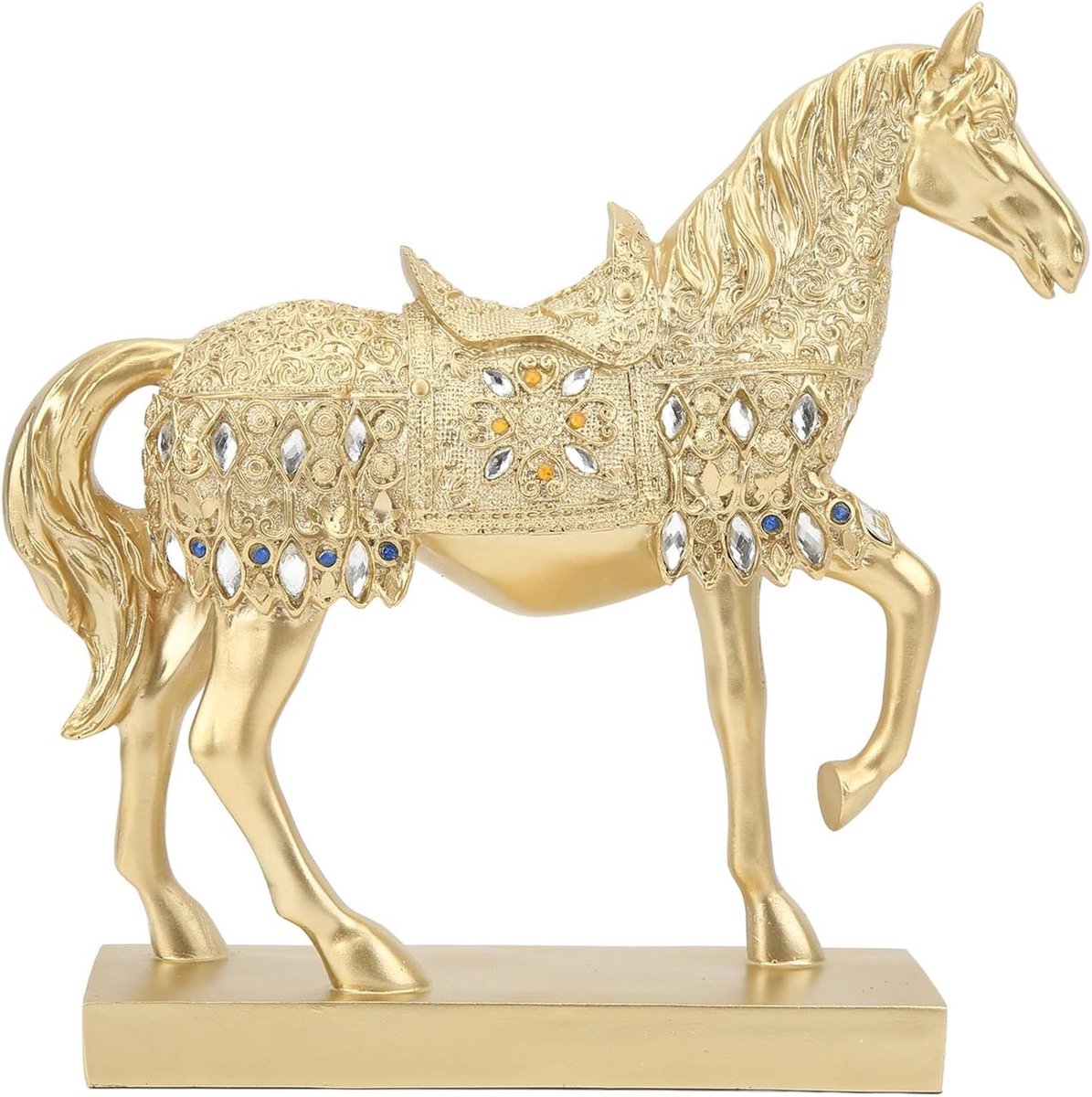 Hars beeldje van een rijk paard, dierenkunst ornament voor thuiskantoor en interieurdecoratie (26,3 x 26 x 6,6 cm)
