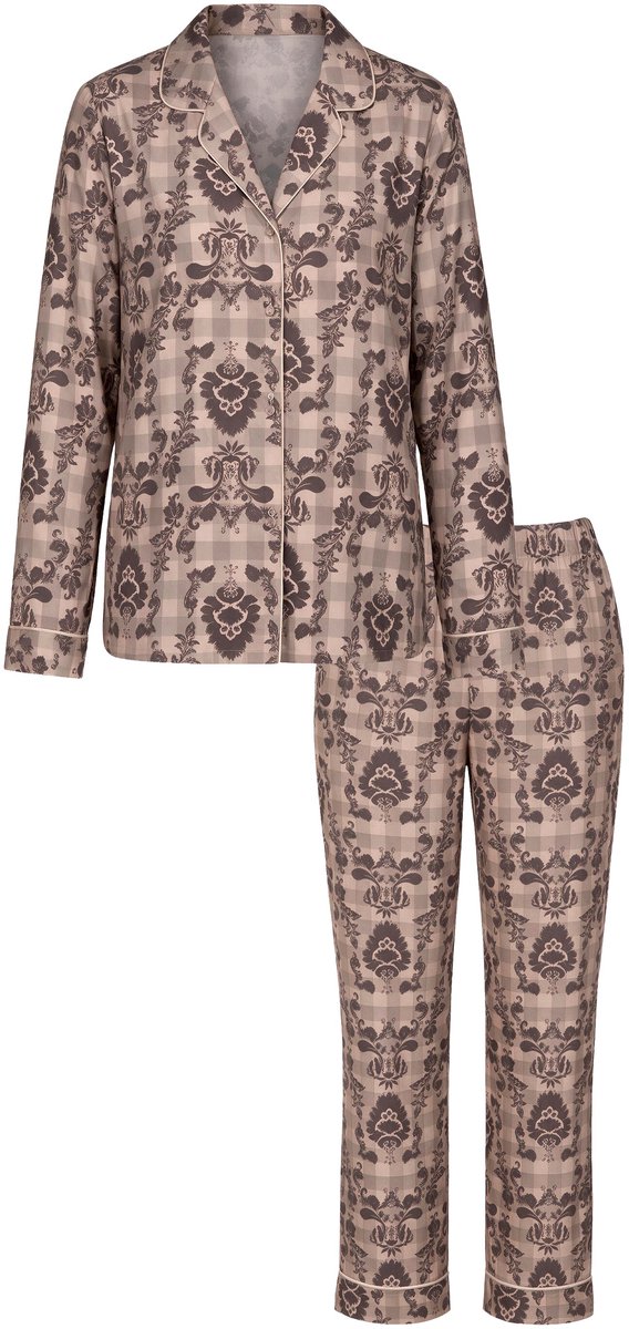 Ulla Popken Dames - Pyjama ruitjes/ornamenten reverskraag lange mouwen - Dennenbruin - Maat 58+