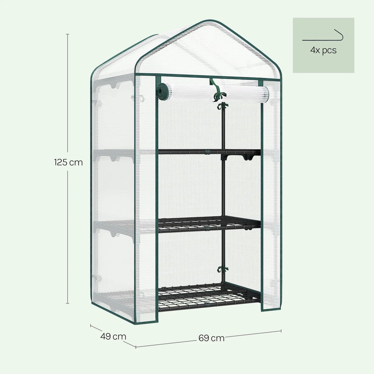 Klarven® Plantenkas Wit - Plantenkastje Buiten - Plantenkast Buiten - UV-bestendig en Waterdicht - Rolluik met Rits, 3 Schappen - B69xd49xh125cm – foto 3