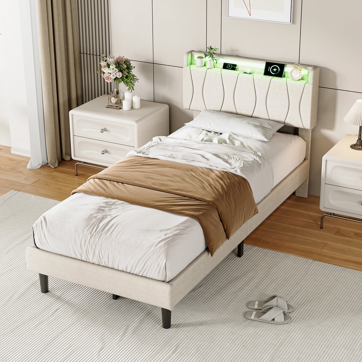 ROSAHQNDA Kinderbed 90x200 cm, gestoffeerd eenpersoonsbed met LED-hoofdbord en lattenbodem, linnen, beige, zonder matras