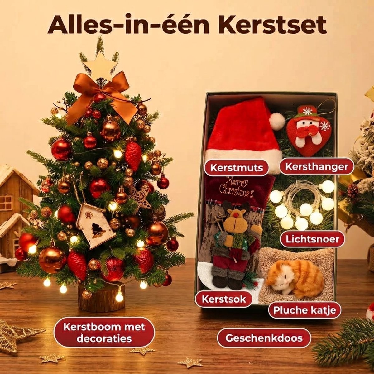 Mini Kunstkerstboom 60 cm Voor Cadeauset- Tafelkerstboom 60 cm met Kerstmuts ,Kerstsok , Pluche katje, LED, Kerstdecoratie, PVC+PE & Houten Voet – Sfeervolle Tafelkerstboom – Tafel Decoratie – Kerst Versiering voor Thuis & Kantoor – foto 7