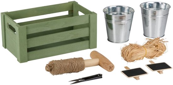 Kinzo Tuingereedschap Set - Tuinierset met Houten Tuinkist en 2 Metalen Plantenpotten - Tuinaccessoires Set voor Planten Verzorging - Kweekset Planten met Plantlabels Set - Groen van Kinzo — afbeelding 4