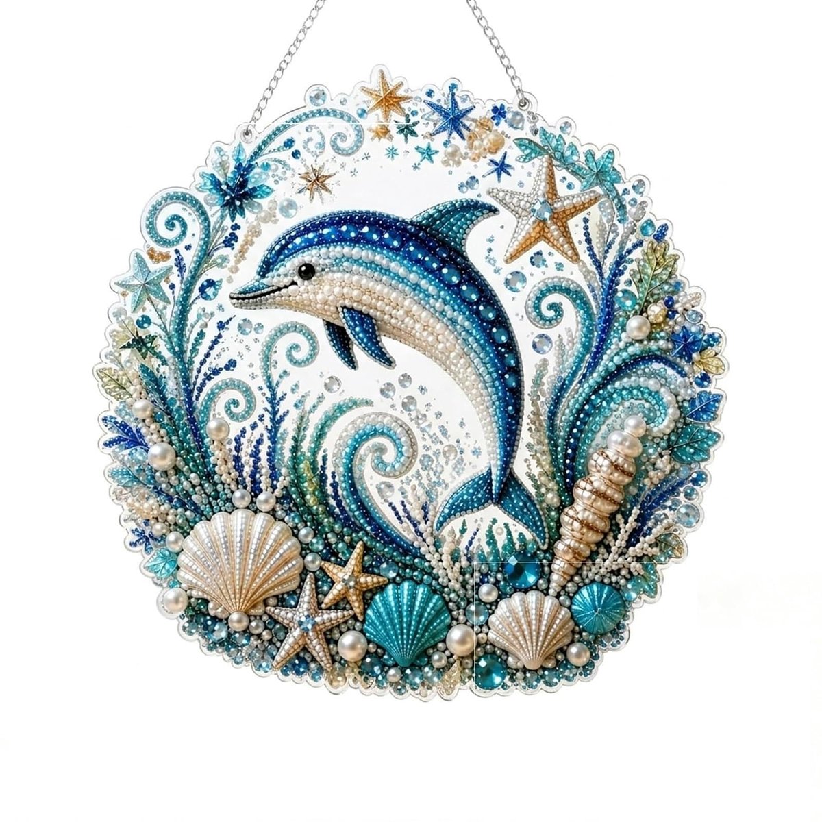 Casalora® Diamond Painting Oceaanhanger – 5D Acryl Zeedecoratie – Dolfijn – Enkelzijdige DIY Set met Parels en Speciale Vorm Diamantjes – Oceaan Raamdecoratie – 20 × 20 cm