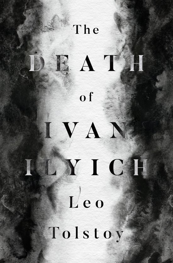 Boekomslag van 'The Death of Ivan Ilyich' van Leo Tolstoy met een abstract, wazig zwart-wit ontwerp.