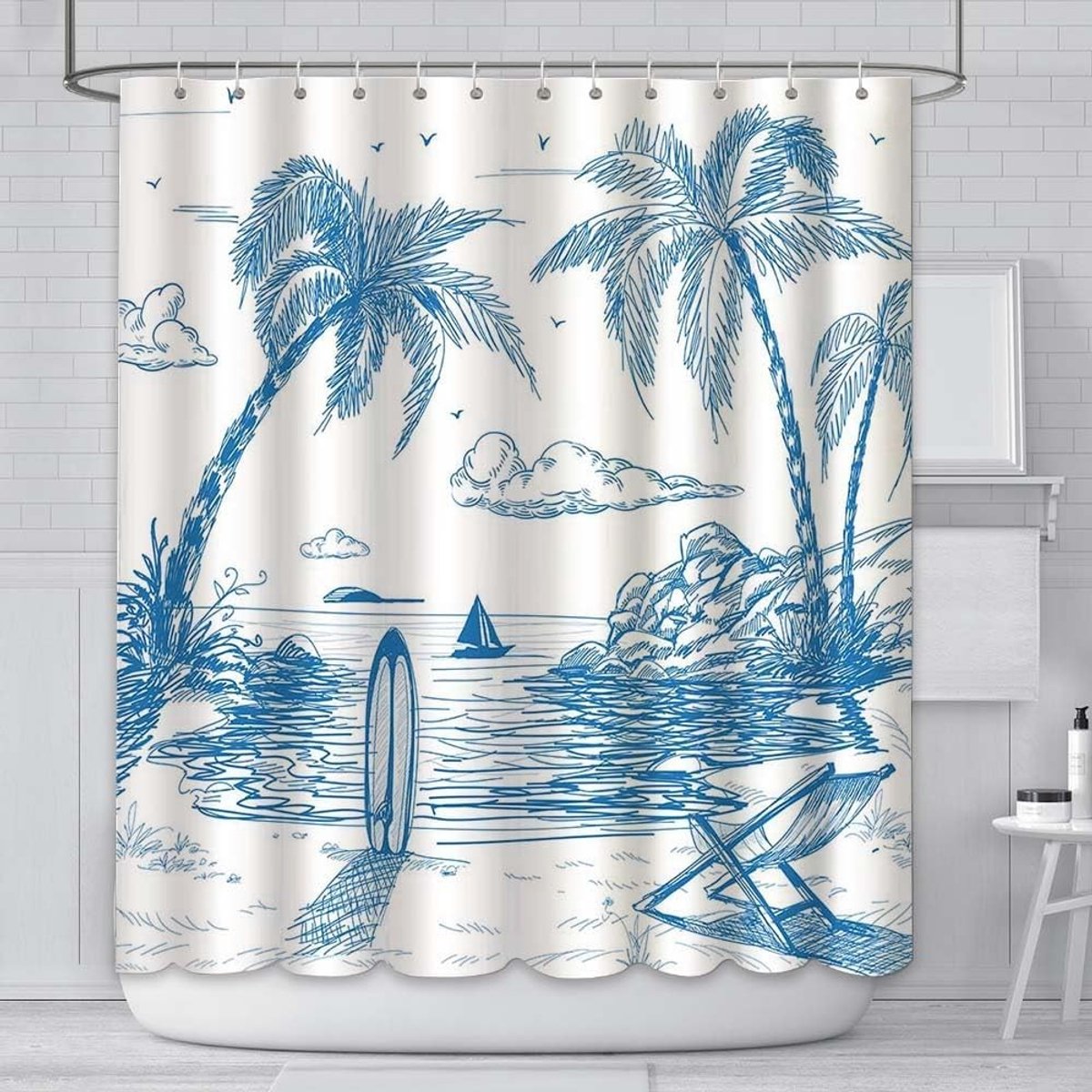 Retro Surfboard Douchgordijn 72x72 inch met Tropische Palmbomen en Strandthema - Polyester Home Decor met 12 Haakjes voor een Zomerse Sfeer