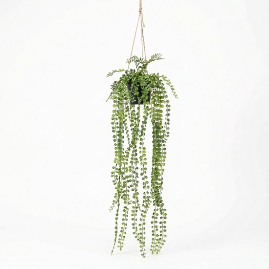 Kunst hangplant met parelkettingbladeren in een donkere pot, geïsoleerd op een witte achtergrond.