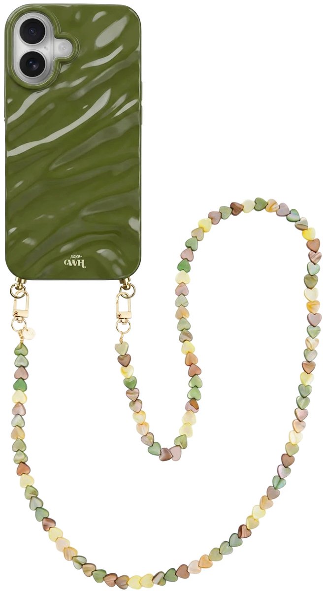 xoxo Wildhearts Green Glaze telefoonhoesje met koord - geschikt voor iPhone 17 - Shell Hearts Olives (lang koord) - Dream hoesje met telefoonkoord - Glimmende silicone case met plooien - Hartjesketting - Groen