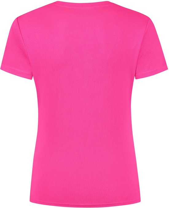 Roze sportshirt met korte mouwen, rugzijde zichtbaar.