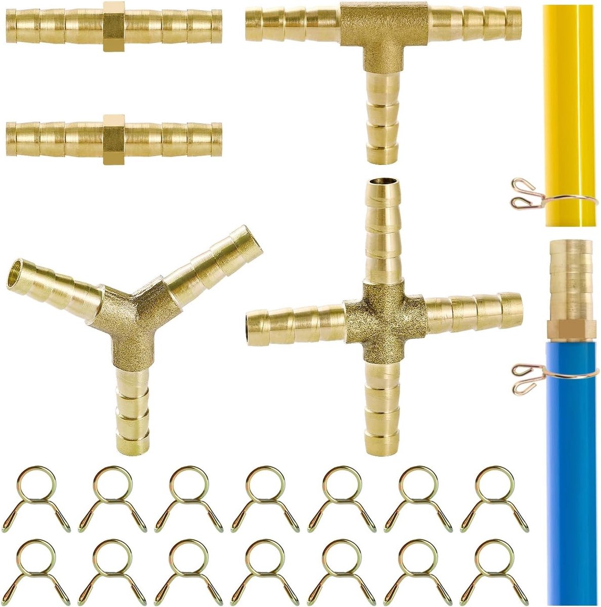5-delige 6mm Slangconnector Set, Messing 2/3/4 Weg Aansluitingen met 14 Slangklemmen voor Brandstof, Water en Lucht