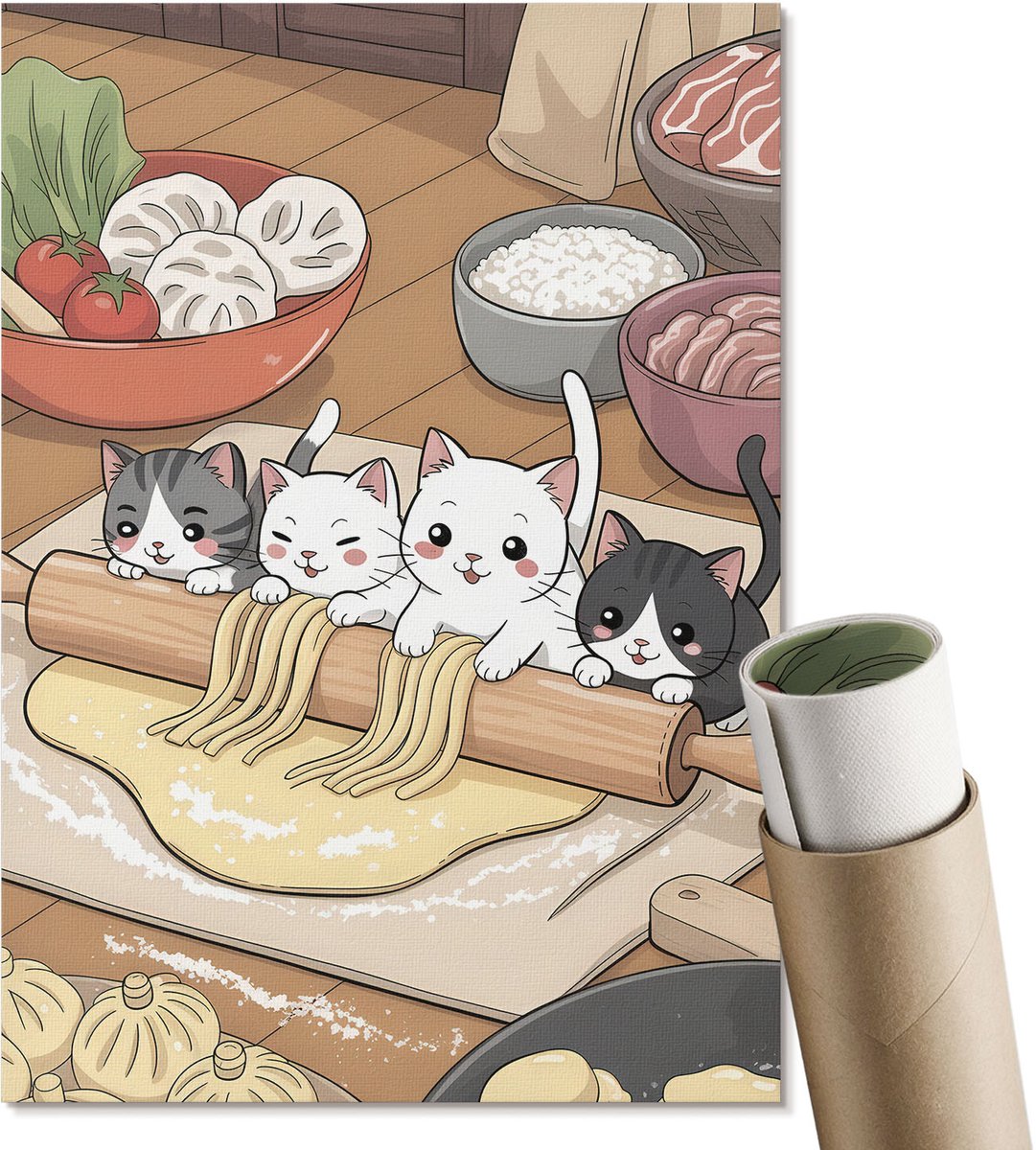 Coloray Polycanvas Wandposter - Katten In De Keuken, Illustratie - A4 - Romig Design - Rechthoek - Muurkunst - Woonkamer, Slaapkamer, Kantoor - Kinder