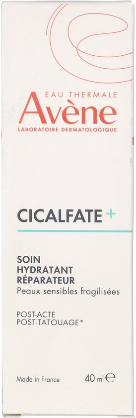 Avène Cicalfate+ doosje met witte achtergrond en oranje tekst. De tekst 'SOIN HYDRATANT RÉPARATEUR' en 'HYDRATING SKIN REPAIRING EMULSION' is zichtbaar. 40 ml.