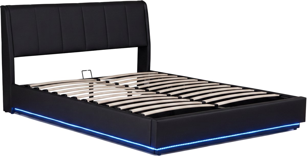 Tweepersoonsbed Tröstiar kunstleer met LED licht 160x200 cm zwart [en.casa]