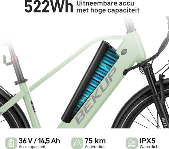 Elektrische stadsfiets - 26 inch frame met hoge instap - 36V 14,5Ah accu met lange actieradius - 250W achterwielmotor - 45Nm koppel - Shimano 7 versnellingen - Voor- en achter schijfremmen - LCD-display - groen — afbeelding 5