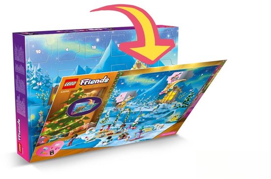 Doos van de LEGO Friends adventskalender met winterse illustraties en een openklapbaar gedeelte.
